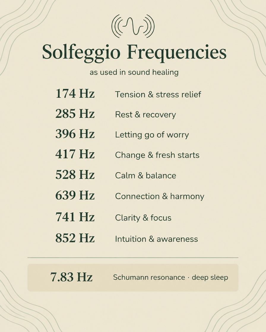 Solfeggio frequencies: 174 Hz tension and stress relief, 285 Hz rest and recovery, 396 Hz letting go of worry, 417 Hz change and fresh starts, 528 Hz calm and balance, 639 Hz connection and harmony, 741 Hz clarity and focus, 852 Hz intuition and awareness, 7.83 Hz Schumann resonance for deep sleep