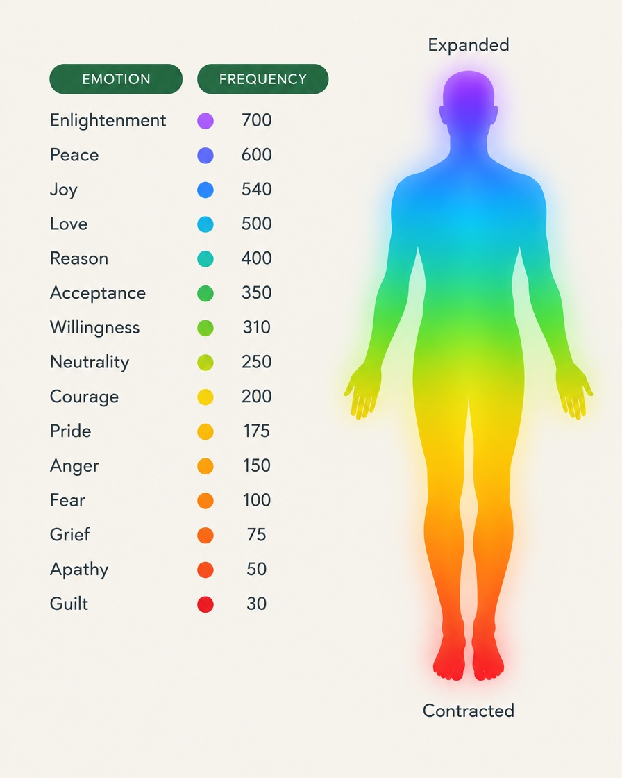 The "emotional frequency" scale popular in the wellness world, based on Dr. David Hawkins' Map of Consciousness.